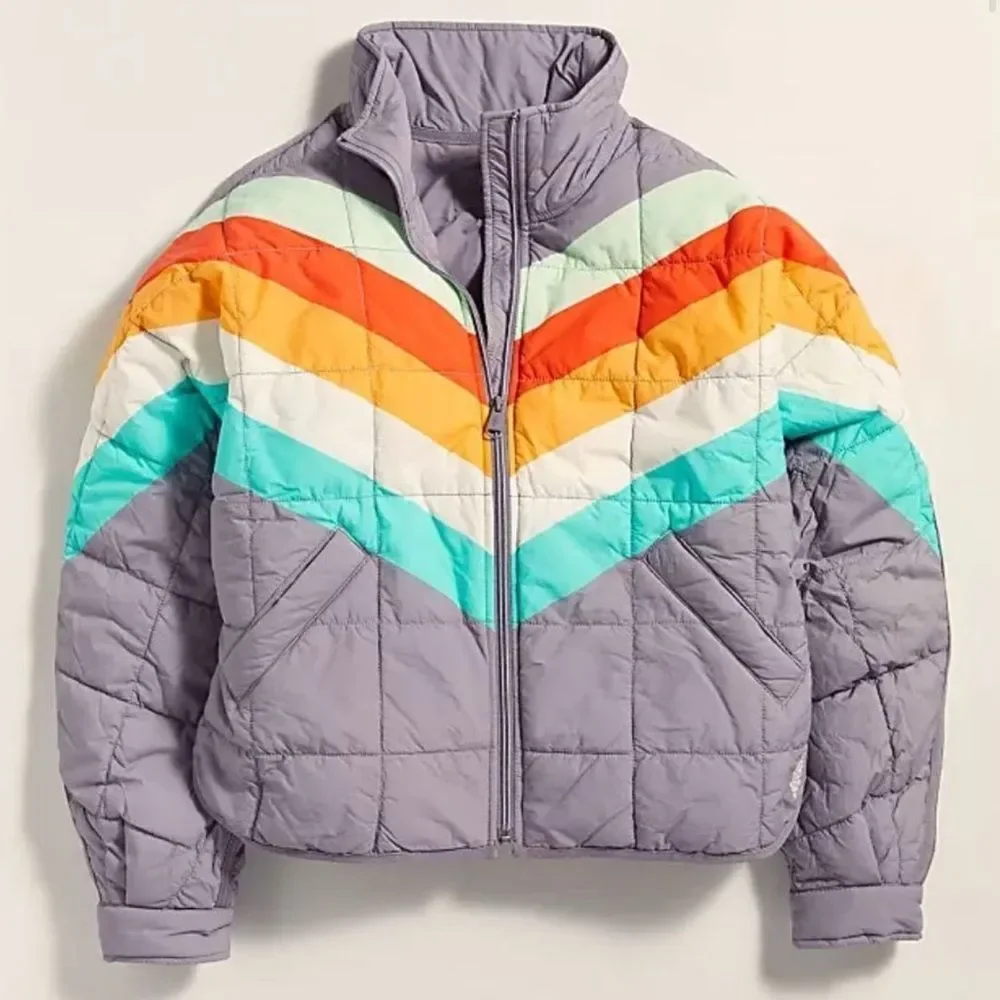 Free People Pippa striped Packable PufferJacket Steel Peach Combo - Picture 3 of 10